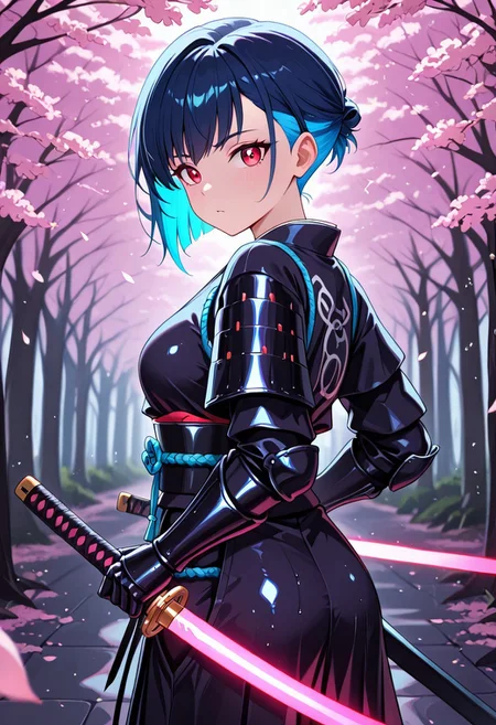 masterpiece, best quality, good quality, very aesthetic, absurdres, newest, 8K, depth of field, in the style of cknc, artist:moriimee, in the style of cksc,
1girl, short blue hair, shaved sides, red eyes, medium breasts, firm, armored kimono, glowing katana, glossy skin, striking pose, looking at viewer, from side
BREAK
neon-lit dojo, cherry blossoms, rain falling
BREAK
cool tones, neon glow, high contrast, reflective surfaces, rich details, intense atmosphere