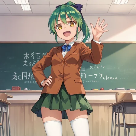 score_9, score_8_up, score_7_up, masterpiece, BREAK,
ai_aihara, green hair, yellow eyes, ponytail, hair ribbon, brown jacket, green skirt, hand on hip, solo, standing, white thighhighs, waving, classroom, happy, excited,
<lora:Ai_Aihara_Futabu_-_Low_DIM:1>