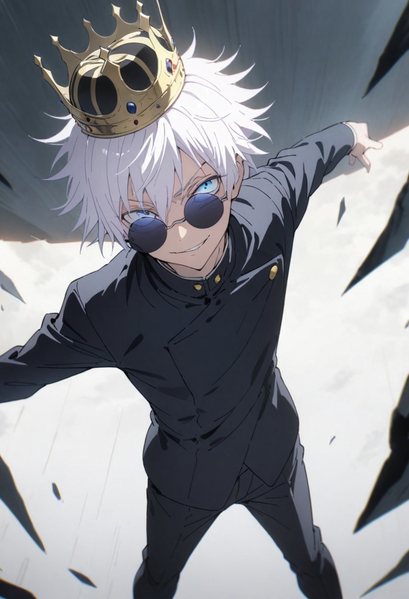 score_9, score_8_up, score_7_up, score_6_up, masterpiece, best quality, absurdres, cinematic, dynamic angle, perfect composition, solo, 1boy, gojou satoru, blue eyes, white hair, crown on head, round sunglasses, jacket, black jacket, gakuran, school uniform, high collar, smirk, standing, looking at viewer,