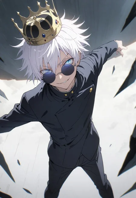 score_9, score_8_up, score_7_up, score_6_up, masterpiece, best quality, absurdres, cinematic, dynamic angle, perfect composition, solo, 1boy, gojou satoru, blue eyes, white hair, crown on head, round sunglasses, jacket, black jacket, gakuran, school uniform, high collar, smirk, standing, looking at viewer,