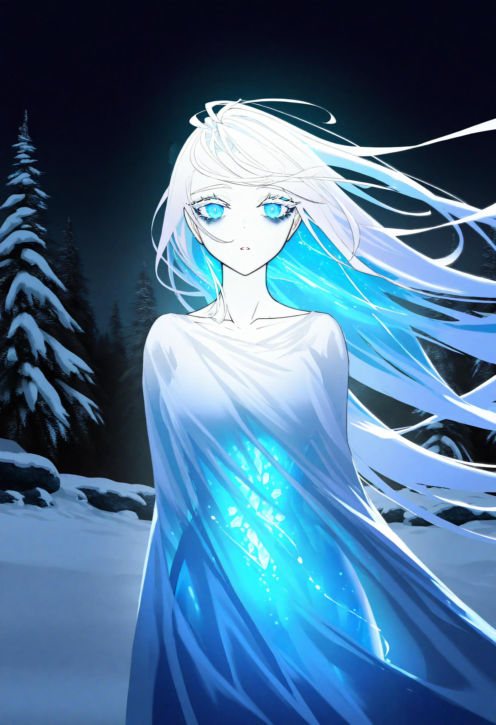 bioluminescence, by [ekrea jan|diyokama|say hana|lam], 1girl, collarbone, looking at viewer, long eyelashes, colored eyelashes, crystal, fantasy, yuki onna, blue skin, glowing skin, forest, glowing, nature, outdoors, scenery, tree, night, night sky, snow, from side, long hair, floating hair, see-through clothes, see-through body, ghost, parted lips, bags under eyes, depressed, dark, mascara, spot color, high contrast, masterpiece, best quality, very aesthetic, absurdres
<lora:noobai_vpred_1_aqm_complete_v3:1>