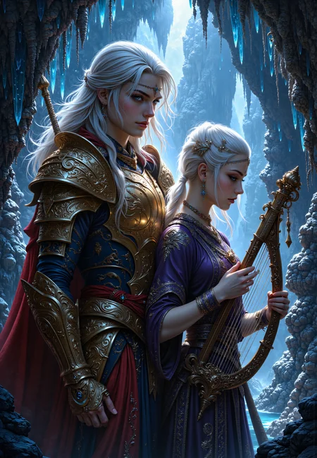 A hyper-realistic portrait, photorealistic photo close-up image of A close-up portrait of a young, male aasimar paladin with long, wavy silver hair cascading down his back, wearing a radiant golden armor that reflects the light around them, his blue eyes filled with determination. Next to him, an elderly, female goliath bard with short, cropped gray hair and a stern expression, wearing a dark purple tunic embroidered with silver thread, strums a lyre. They stand together on a narrow ledge inside a massive, glowing crystal cavern, surrounded by glittering stalactites and stalagmites, with an underground river flowing beneath them. The light from the crystals bathes them in an ethereal glow, highlighting their unlikely partnership in the face of danger. (fant (photography, high-resolution, dynamic, energetic,hyper-realistic, dramatic lighting, shallow depth of field.), detailmaximizer, MythP0rt<lora:midjourney_whisper_flux_lora_v01:0.55><lora:aidmaMJ6.1-FLUX-V0.1:0.4><lora:FluxMythP0rtr4itStyle:0.4><lora:detailed_flux_ntc:2.2><lora:aidmaImageUpgrader-FLUX-V0.1:0.65>