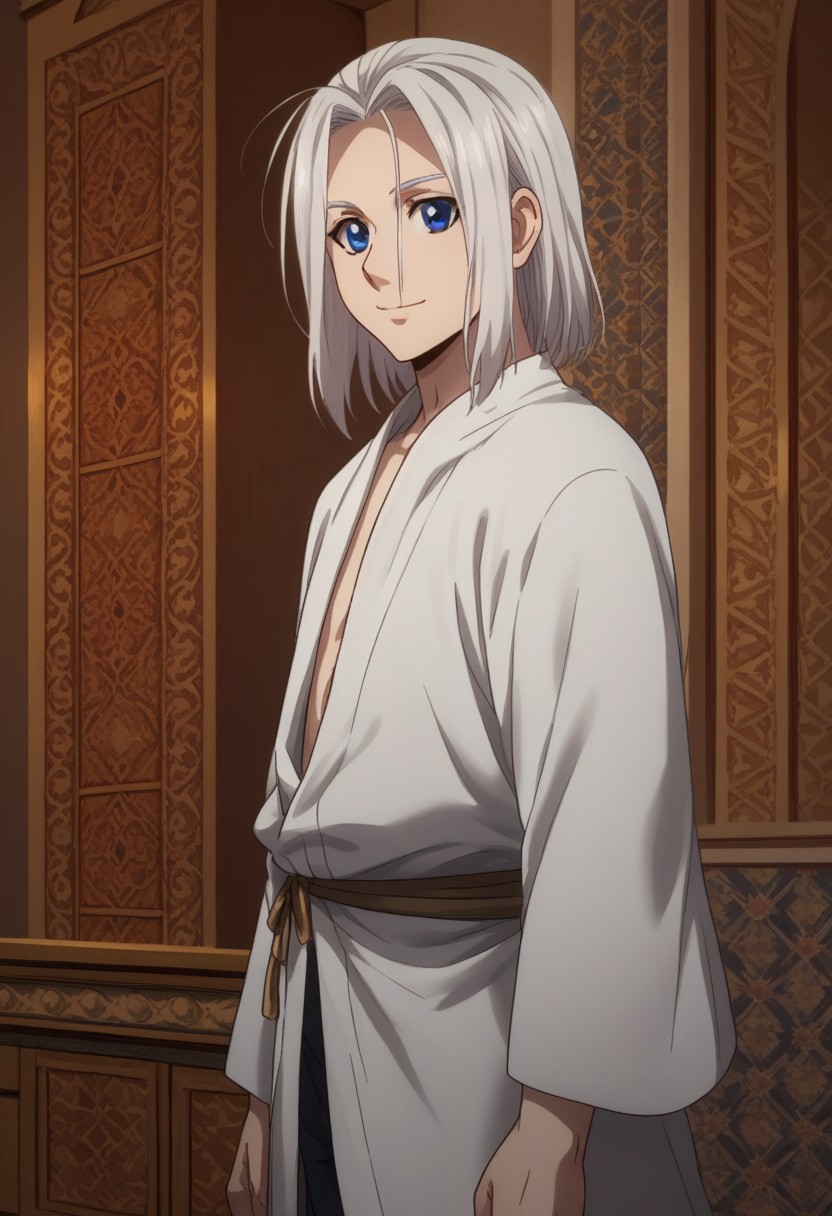 score_9, score_8_up, score_7_up, source_anime, highly detailed, slender, skinny
arslan, 1boy, blue eyes, male focus, robe, smile, closed mouth,  long sleeves, standing, looking at viewer, white robe, pants, upper body, white hair
indoor, persia, persian, palace,