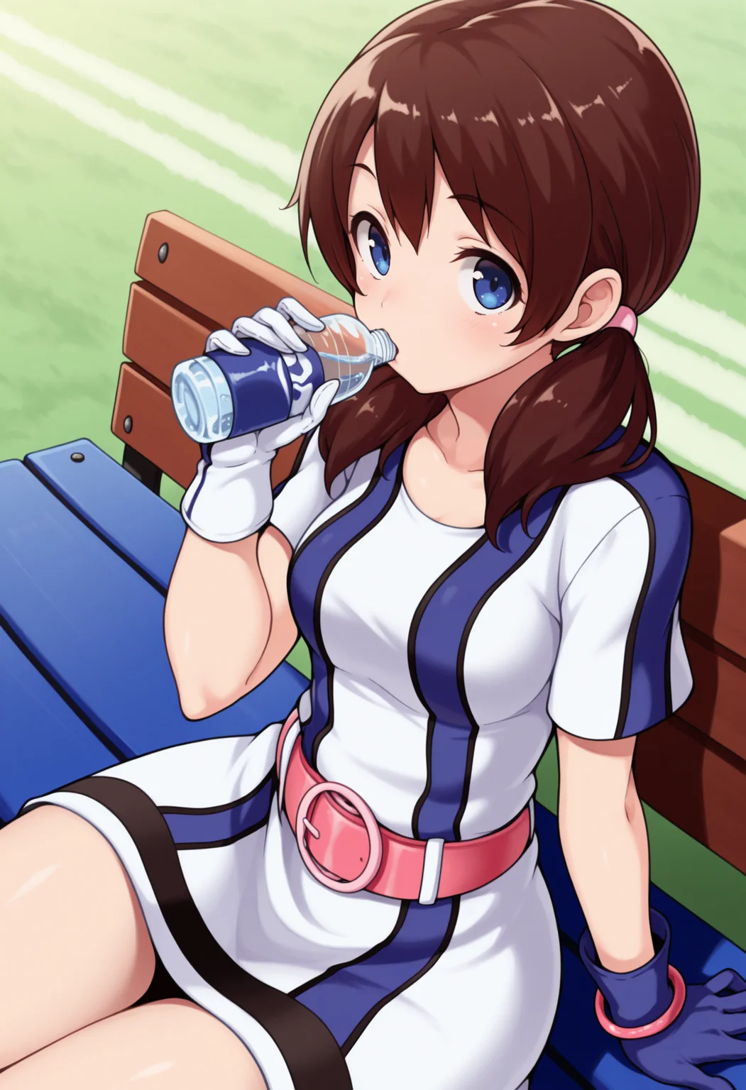 masterpiece, best quality, solo, 1girl, looking at viewer, <lora:Ai-ngbc-illus_Fp:1>, blue eyes, brown hair, short twintails, baseball uniform, sportswear, dress, pink belt, mismatched gloves, pink bangle, white glove, blue glove, no headwear, sitting, bench, drinking, water bottle,