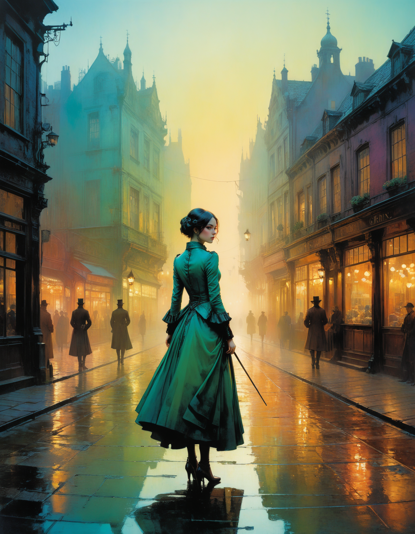 by John Atkinson Grimshaw and Greg Tocchini,  (pastel gradient, masterful, beautiful:1.4), poster art, bold lines, hyper detailed, expressive,  award winning,  (landscape:1.4), (intricate details, masterpiece, best quality:1.4),
looking at viewer, dynamic pose, wide angle view,
<lora:add-detail-xl:1> <lora:xl_more_art-full_v1:0.5>  <lora:NicolaSamori:0.5> in the style of nicola samori <lora:looking_at_viewer:2>
