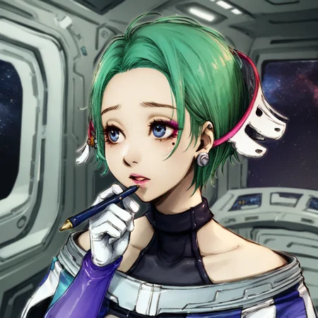 best quality, masterpiece, stella, short hair, green hair, jewelry, earrings, blue eyes, bare shoulders, gloves, space suit, collarbone, hair ornament, makeup, turtleneck, spaceship interior, mole under eye, thinking, holding pen, looking up