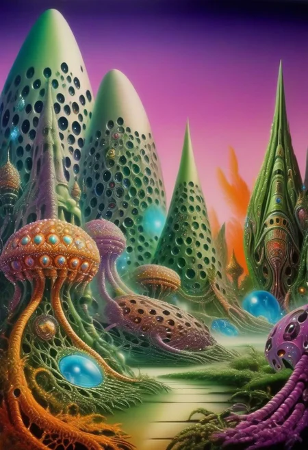 70s airbrush painting of an infinite jeweled alien garden <lora:70s_Sci-Fi_Art_XL:1>