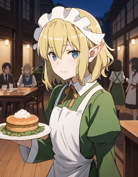 score_9, score_8_up, score_7_up, source_anime, BREAK
1girl, crowd, blurry background, looking at viewer, indoors, wooden room, dark room, night,
ryuu lion, short hair, blonde hair, hair between eyes, pointy ears, blue eyes,
waitress outfit, maid headdress, neck ribbon, green dress, collared dress, white apron, juliet sleeves, long sleeves, from side,
plate, holding plate, food, walking, light smile,
<lora:ryuu_lion_anime_v2-soralz:1>,
BREAK
long hair, black hair, multiple girls,