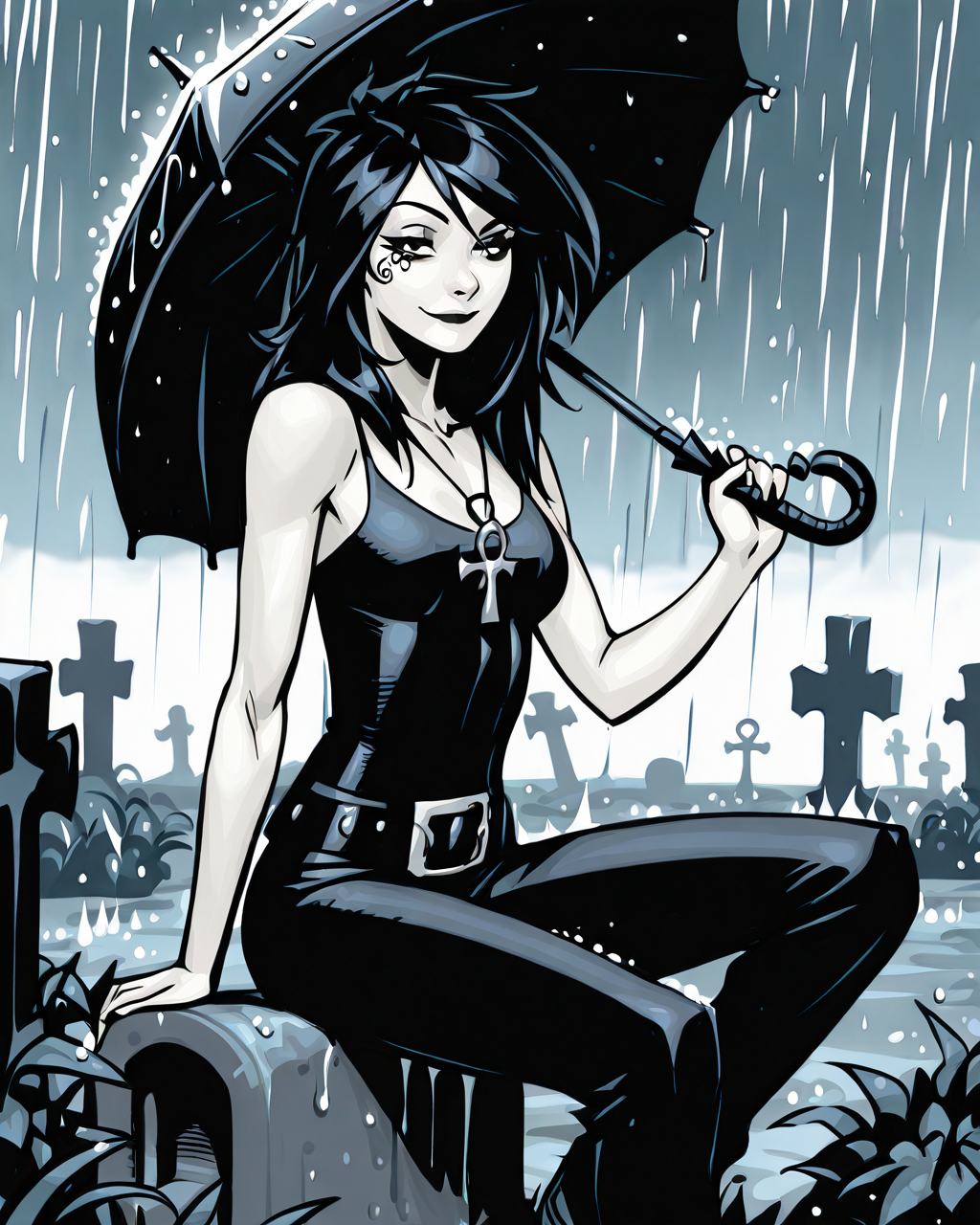 masterpiece, best quality, absurdres, perfect quality, absolutely eye-catching,   <lora:ChrisBachaloIllus:1> bachalo,  <lora:Death of the EndlessilluLoRA:0.8> dethofend, pale skin, colored skin, long hair, ankh necklace, tank top, belt, pants, umbrella, over shoulder, 1girl, solo, rain, cemetery, sitting, smile, looking at viewer, tattoo under eye,