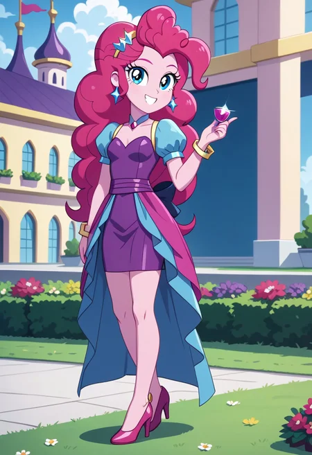 score_9, score_8_up, score_7_up, score_6_up, from My Little Pony Equestria Girls, a very young little human girl Pinkie_Pie wearing a fit blue|sky|green|brown|darkpurple|red|yellow gradients colors short princess dress, elegant detailed princess shoes, solo, 1girl, little princess girl, dark pink hair with crown hairband, smile, childhood, looking at viewer, glow detailed eyes, garden of canterlot, tul, chiffon, laces, semi realistic cartoon, unreal engine 5,  full body close-up, absurdres, digital art, soft light, perfect hands, perfect, hands, perfection, soft pink skin, skyblue eyes, party accesories and shoes, jewelry, tres chic,<lora:age_slider_v4:-4>,