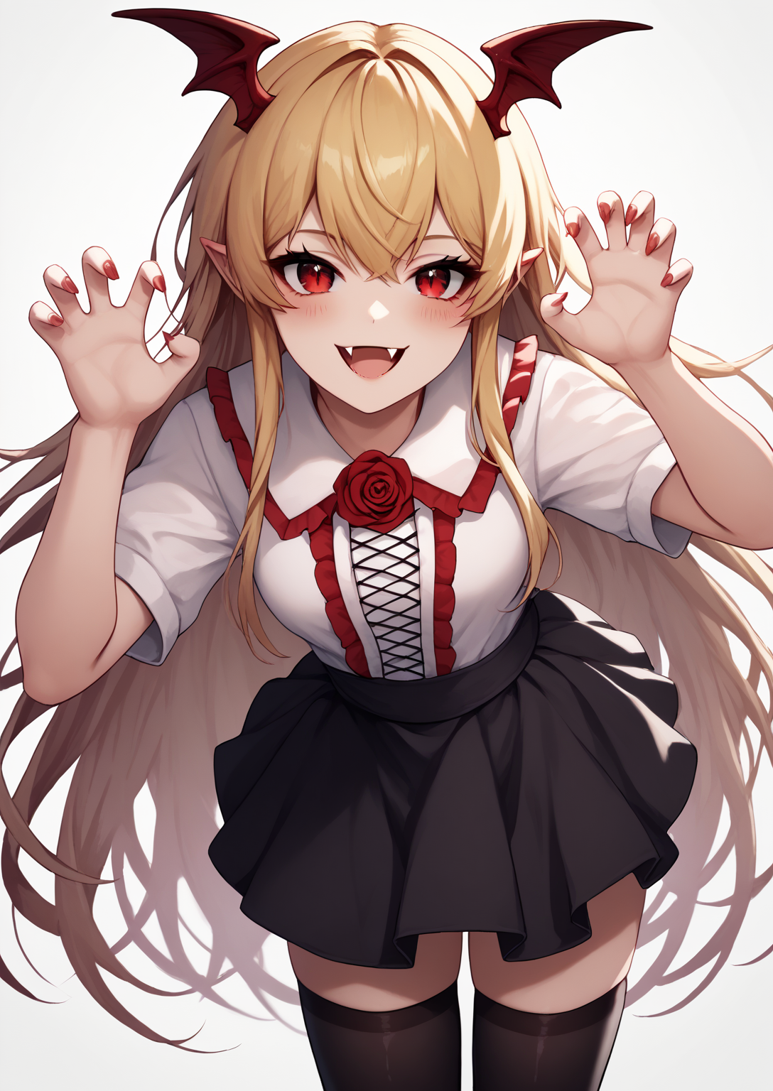 <lora:Anime Style 2 SDXL_LoRA_Pony Diffusion V6 XL:0.5>, score_9, score_8_up, score_7_up, source_anime, (masterpiece, best quality:1.2), extremely detailed, soft ambient lighting, sharp focus, 4K, BREAK <lora:VaniVampyLora-000005:1>, VaniVampy, vampy, vampire girl, 1girl, solo, very long blonde hair, bangs, red eyes, skin fang, head wings, white shirt, black skirt, frills, red rose, black thighhighs, BREAK smile, claw pose, fangs, blush, looking at viewer, standing, leaning forward, BREAK white background,