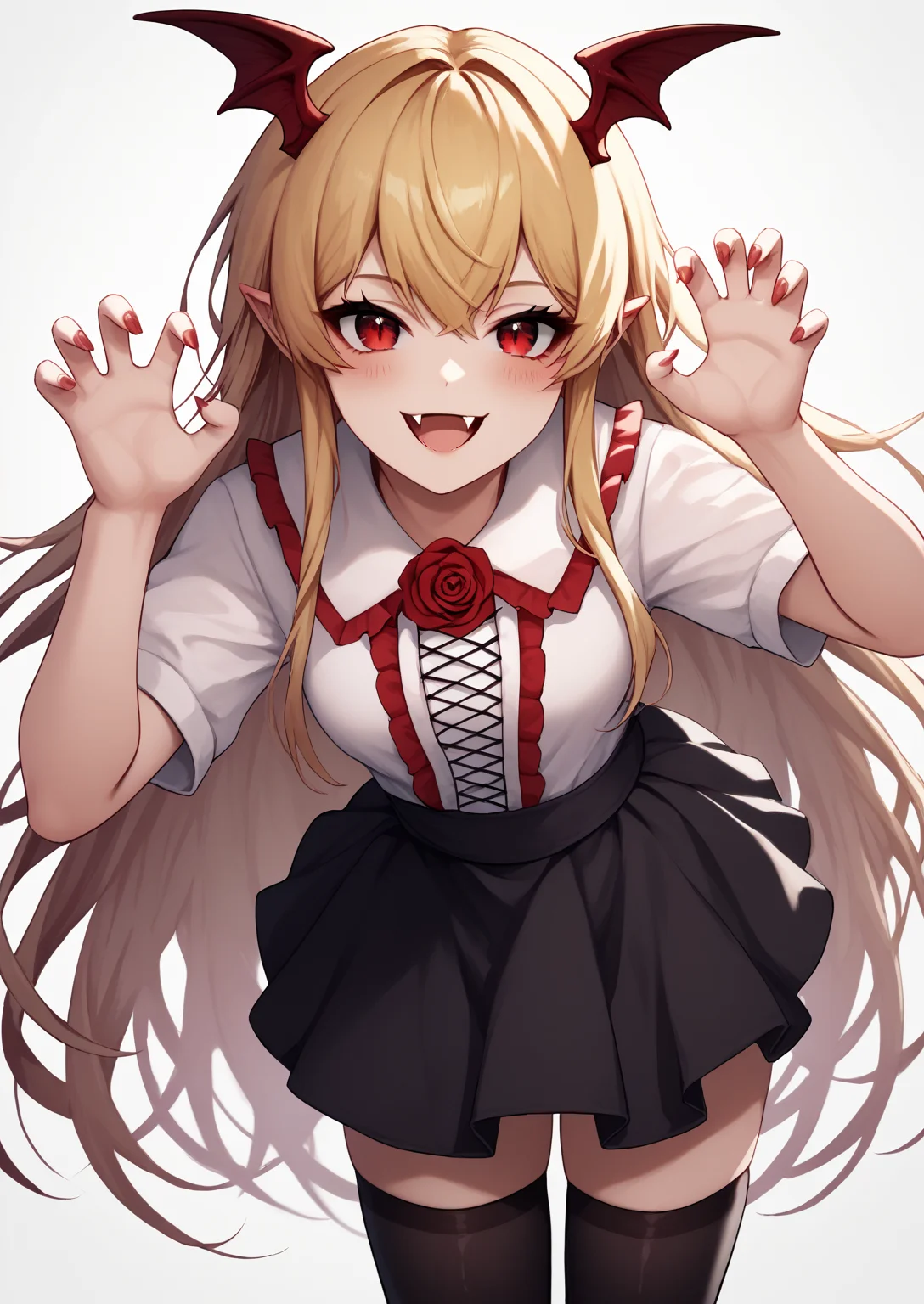 <lora:Anime Style 2 SDXL_LoRA_Pony Diffusion V6 XL:0.5>, score_9, score_8_up, score_7_up, source_anime, (masterpiece, best quality:1.2), extremely detailed, soft ambient lighting, sharp focus, 4K, BREAK <lora:VaniVampyLora-000005:1>, VaniVampy, vampy, vampire girl, 1girl, solo, very long blonde hair, bangs, red eyes, skin fang, head wings, white shirt, black skirt, frills, red rose, black thighhighs, BREAK smile, claw pose, fangs, blush, looking at viewer, standing, leaning forward, BREAK white background,