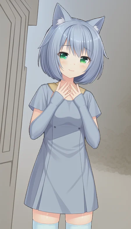 niunai,masterpiece, best quality, white kneehighs, small breasts, green eyes, short hair, light blue hair, girl, solo, 
 <lora:niunaiV1:0.5>