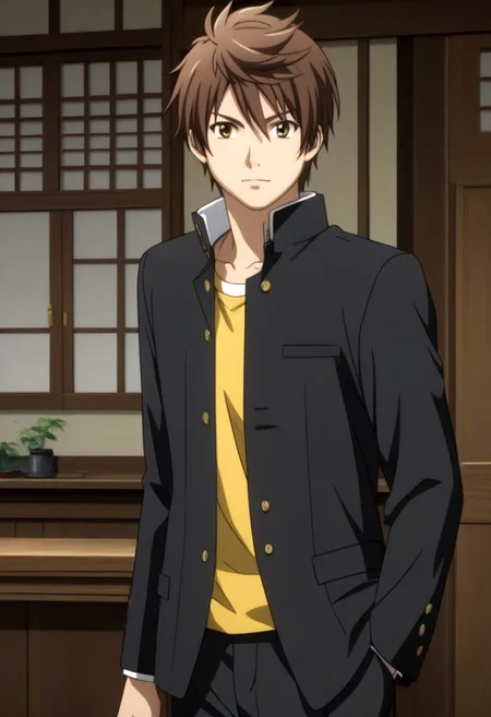 ((masterpiece)), ((best quality)), ((ultra-detailed)), ((absurdres)), score_9_up, score_8_up, score_7_up,
HD, top quality, best quality, amazing quality, High-quality illustrations, anime screencap, source_anime, best aesthetic, perfect proportions, perfect eyes, 1boy, 1male, solo boy, solo male, male focus, solo male focus, Anime, boy, male anime character, anime boy, handsome, cute, charming, sexy, good-looking, Yoshiharu Sagara, brown hair, yellow-brown eyes, black plain gakuran blazer, school uniform, yellow shirt, black pants, ((slim body, lean body)), ((historical japanese background)), ((cowboy shot, head to hips shot)), ((front view, front shot, facing front, view from the front))