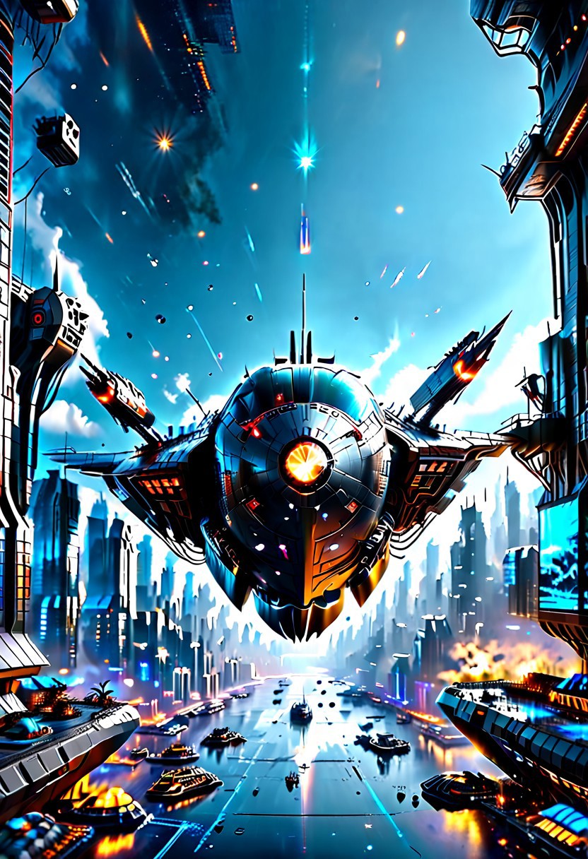 high quality, 8K Ultra HD, highly realistic, The great and sleek black ship is moving forward, flying over a futuristic cyberpunk city.  It has powerful guns that are firing blue lasers . Embark on an enchanting 8K photorealistic journey. The starship's design boasts advanced technological elements. The camera captures every minute detail, by VelvetS, octane render,from slightly to the side.  perfectly symmetrical ship.  Weapons fire blue energy beams, 
<lora:DonM3t3rn1tyXL-v1.1:0.7>, DonM3t3rn1tyXL,
OverallDetailXL  <lora:MJ52:0.3>  <lora:SDXLFaeTastic2400:0.4>