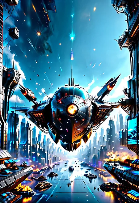 high quality, 8K Ultra HD, highly realistic, The great and sleek black ship is moving forward, flying over a futuristic cyberpunk city.  It has powerful guns that are firing blue lasers . Embark on an enchanting 8K photorealistic journey. The starship's design boasts advanced technological elements. The camera captures every minute detail, by VelvetS, octane render,from slightly to the side.  perfectly symmetrical ship.  Weapons fire blue energy beams, 
<lora:DonM3t3rn1tyXL-v1.1:0.7>, DonM3t3rn1tyXL,
OverallDetailXL  <lora:MJ52:0.3>  <lora:SDXLFaeTastic2400:0.4>