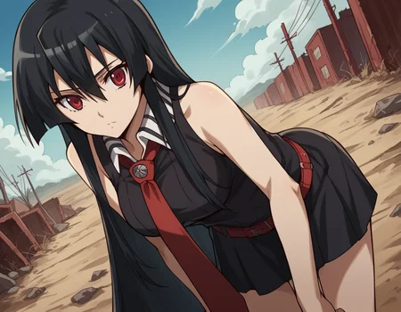 score_9, score_8_up, score_7_up, source_anime,
agkakame, <lora:agk-akame-s1-ponyxl-lora-nochekaiser:1>,
akame, long hair, black hair, red eyes, hair between eyes,
skirt, dress, necktie, sleeveless, belt, shirt, black shirt, collared shirt, red necktie, black skirt,
outdoors, wasteland, bent over,
cowboy shot, solo, dutch angle, looking at viewer,