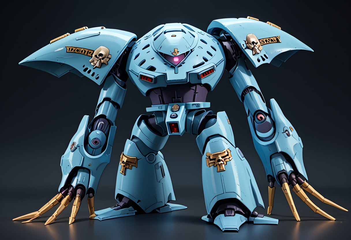score_9, score_8_up, score_7_up, source_anime, front view, BREAK,  ( hygogg, blue_hygogg_armor, pink monoeye, from side, looking at viewer, long arms, very long arms, long claws) 1mech, blue mech, wide mech, large shoulders, large shoulder armor, mech focus, solo, BREAK, two arms, GreyK40k, bendy arms, gold trim, skull decorations,