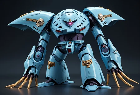 score_9, score_8_up, score_7_up, source_anime, front view, BREAK, ( hygogg, blue_hygogg_armor, pink monoeye, from side, looking at viewer, long arms, very long arms, long claws) 1mech, blue mech, wide mech, large shoulders, large shoulder armor, mech focus, solo, BREAK, two arms, GreyK40k, bendy arms, gold trim, skull decorations,