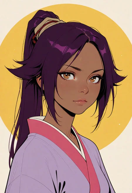 HDR, 8K, high contrast, masterpiece, best quality, amazing quality, very aesthetic, retro artstyle, realistic, promotional art, newest, volumetric lighting,
(artist:incase:0.5), (artist:tsuaii:0.5), (flat colors:2), haiz_ai, no lineart, no outline, color theory,
1girl, portrait, yoruichi shihouin, kimono,
Neutral background,