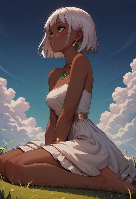 masterpiece, best quality, amazing quality, p0nyd1sney1ncasev1x0n2:1.5, 1girl, 25 years old, perfect face,
green eyes,
dark skin,
white hair, bob cut,
gold bracelet, gold earrings, gold necklace,
necklace, green pendant,
white dress, layered dress, sleeveless, strapless, sundress, skirt under dress,
sitting, wariza, hand between legs, barefoot,
on grass, sky, from side