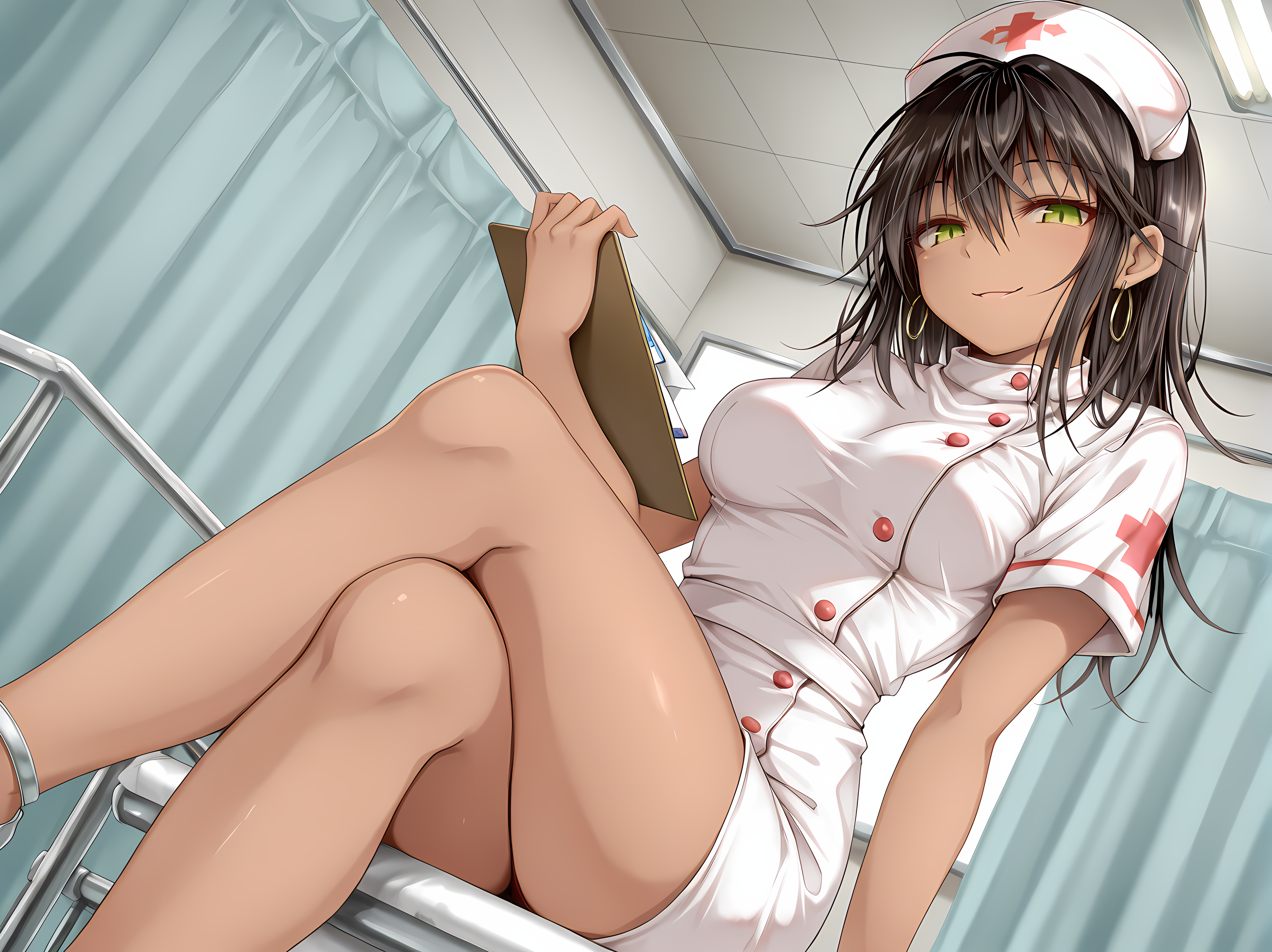 1girl,solo,sitting,clipboard,holding clipboard,crossed legs,airi,nurse,nurse cap,hospital,73tunnel,<lora:Airi_Illustrious:0.8>,dutch angle,seductive smile,indoors,, masterpiece, best quality, amazing quality, very aesthetic, absurd, newest, detailed eyes
