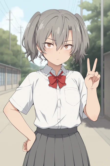 masterpiece, best quality, amazing quality, 1girl, sh10r1s41t0u, grey hair, short hair, twintails, hair between eyes, brown eyes, school uniform, tshirt, collared_shirt, red bow, skirt, outdoors, aesthetic, hand on own hip, v, solo