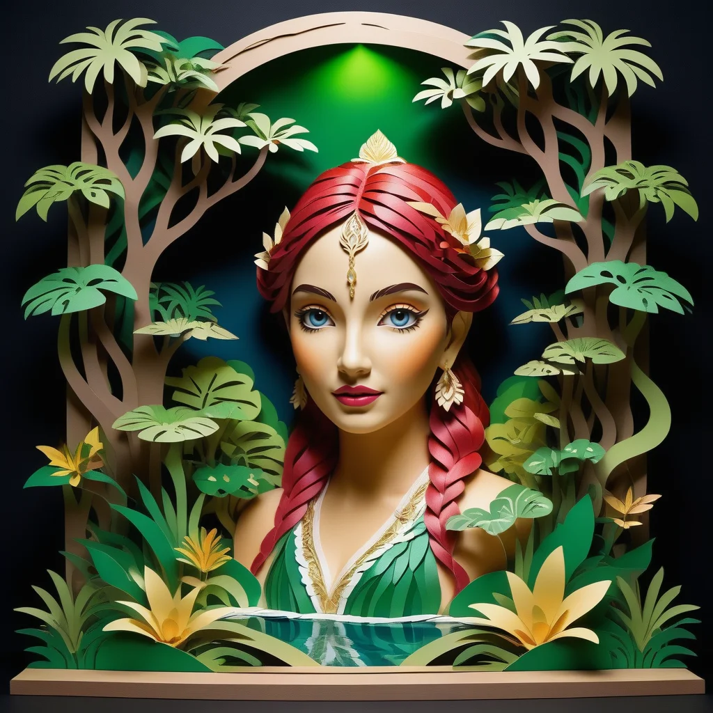 Jed-pprct, <lora:PapercutStyle:1>, Digital art, forest, Brazilian (Aarti:1.3) , Aarti is alluring, Colored hair styled as Waterfall braid, raw photo, film grain, (photorealistic, realistic:1.2) , deep shadow, 8k, uhd, dslr, ultra high res masterpiece, full of details, sharp and in focus, intense, grand illumination, original, luxurious, complex artistic color composition