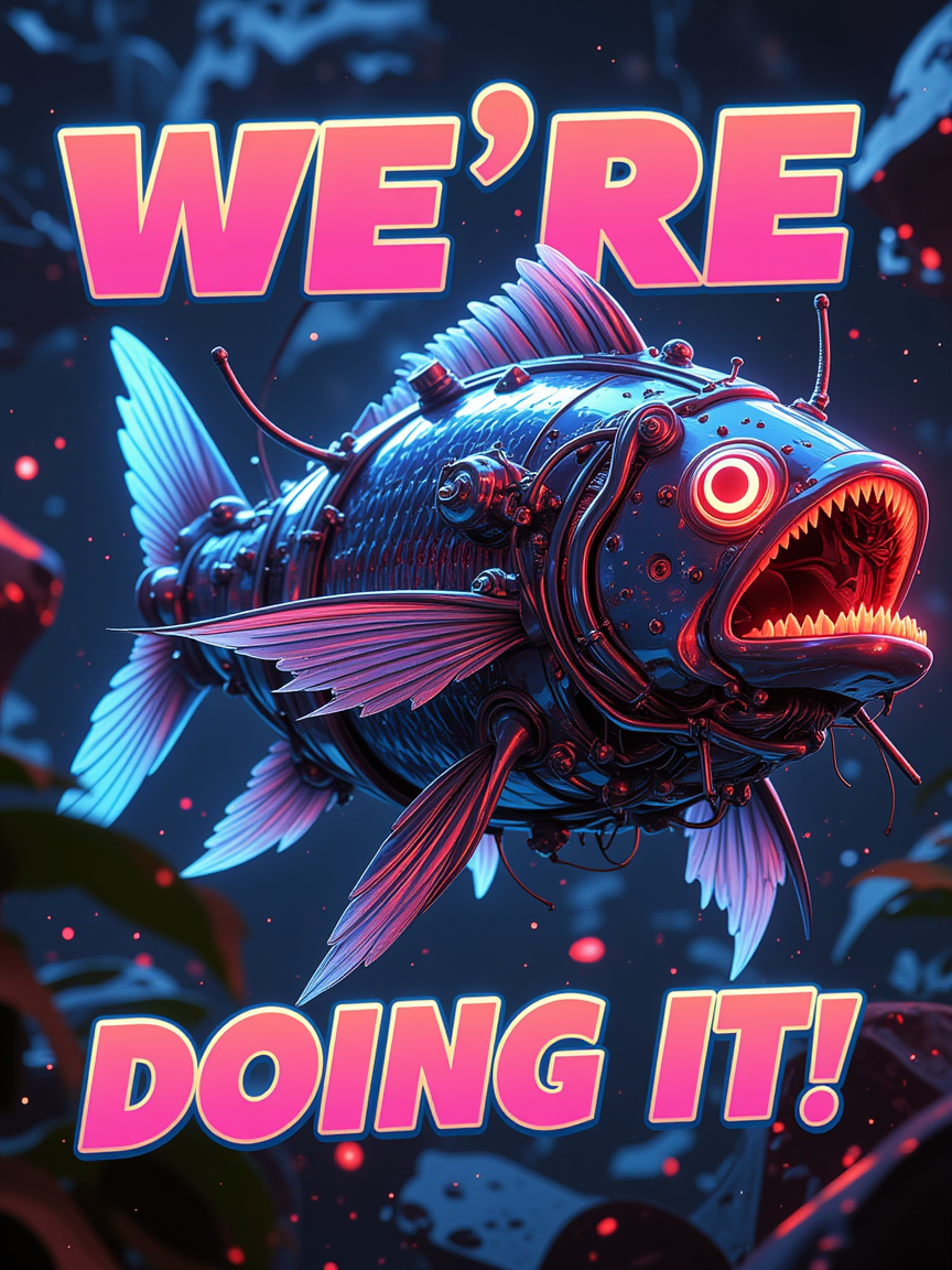 the vaporwave biomechanical fish, exaggerated render, depth of field. wires and mechanical parts. Insane. Styled text in the foreground. Bold typface. Rounded edges. The text reads "WE'RE DOING IT!"