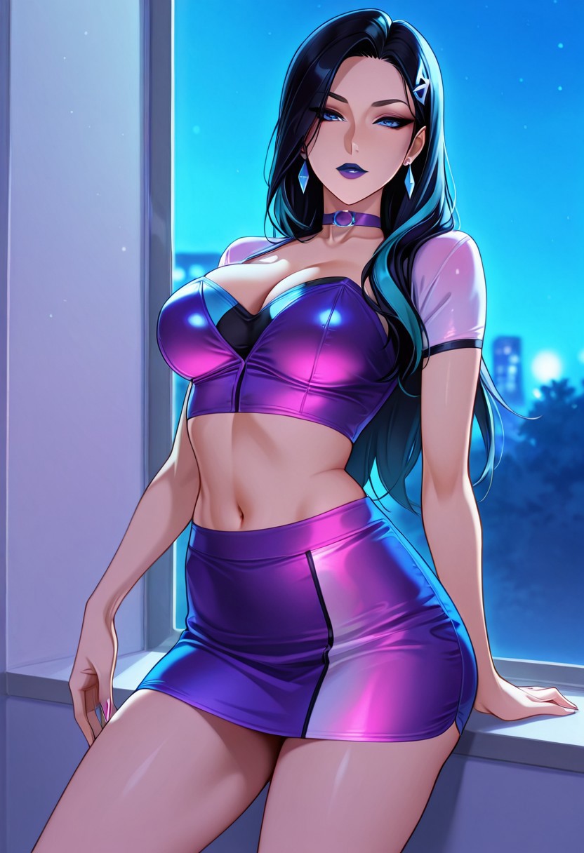 score_9,score_8_up,score_7_up,extremely detailed, sharp focus, HD, cinematic light, 1girl, solo, Mature Women, goddess, elite, rich bitch, seductive, hourglass body, fit body, slim, perfect body, thick but slim,
allout, kasa, short hair, multicolored hair, long hair, hair ornament, earrings, collar,
2p13cE_CFH outfit, crop top, short skirt, purple outfit, pink outfit, gradient outfit,
outside, park, night, walk,
masterpiece, high score, great score, absurdres, mamaxholic