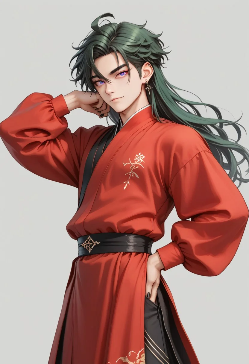 score_9, score_8_up, score_7_up, rating safe, 8k portrait, 1 boy,solo, full body, side view, male focus, AntherimA, purple circular eyes, slit pupils, dark green hair, hair between eyes, asymmetrical hair parting, light_red_eyeshadow, ((1_earstud_left_side)), 20 years old, stoic pose, chinese_clothing, dynamic pose, long large red sleeves, red clothing, black_waistband, long flowing fabrics,layered clothing , black nail varnish, highly detailed, professional photography, masterpiece, (finely detailed beautiful eyes: 1.2), hdr, no background, black_background