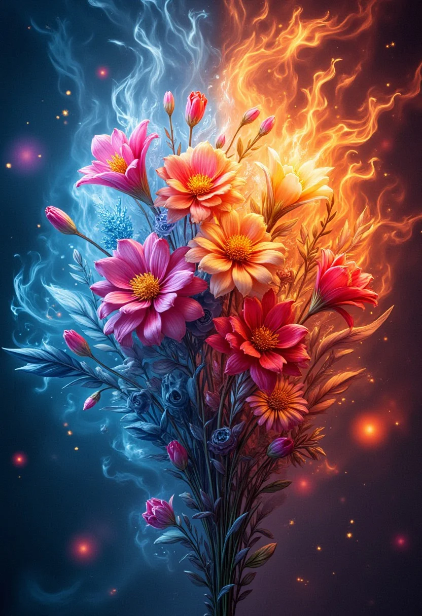 a flowers bouquet from ice and flames of fire, detailmaximizer