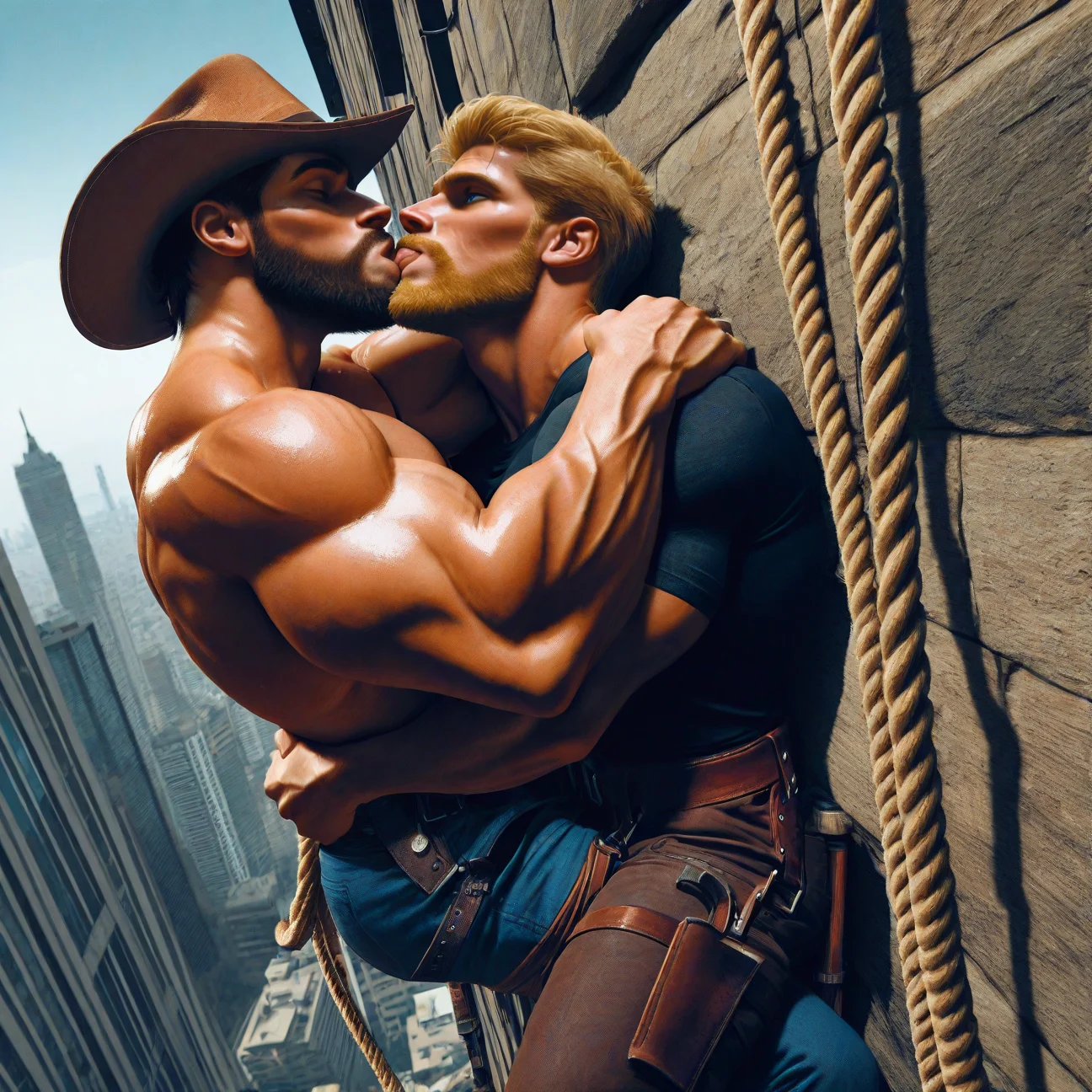 2males, male only, muscle, blonde, beard, blue eyes, roclimb1, holding rope, rock climbing, cowboy hat, city, <lora:roclimb1il:0.7>, kiss, hug,, extremely detailed, best quality, logical anatomy, 8k, masterpiece, very aesthetic, highres, absurdres,