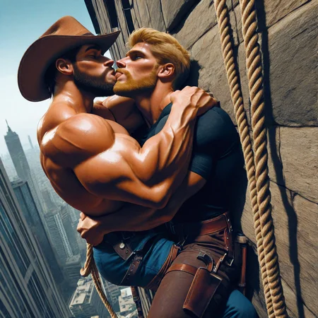 2males, male only, muscle, blonde, beard, blue eyes, roclimb1, holding rope, rock climbing, cowboy hat, city, <lora:roclimb1il:0.7>, kiss, hug,, extremely detailed, best quality, logical anatomy, 8k, masterpiece, very aesthetic, highres, absurdres,