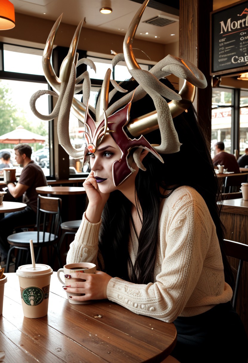 score_9, score_8_up, score_7_up Morathi horned helmet in a cafe