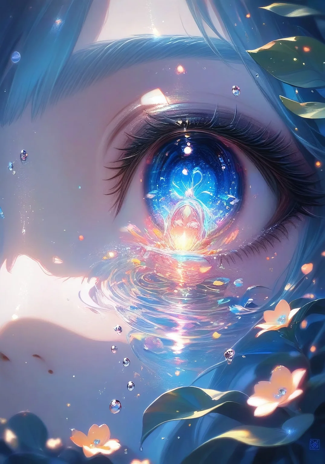 In a dreamlike atmosphere, Flowergirl's beautiful face glows with bioluminescent soft blues, surrounded by lush flowers and leaves. Her big eyes, like shimmering jewels, radiate curiosity. Intricate brushstrokes on her porcelain skin evoke oil painting mastery. Delicate fog swirls around her, as sunbeams filter through, casting a warm glow. The double exposure effect adds mystique, with water drops creating ripples of transparency. A vintage-inspired, macro-realistic composition showcases every detail, from the tiny chibi features to the surreal, holographic pastels.,,Fantasy_eyes,Deer Queen,tattoos