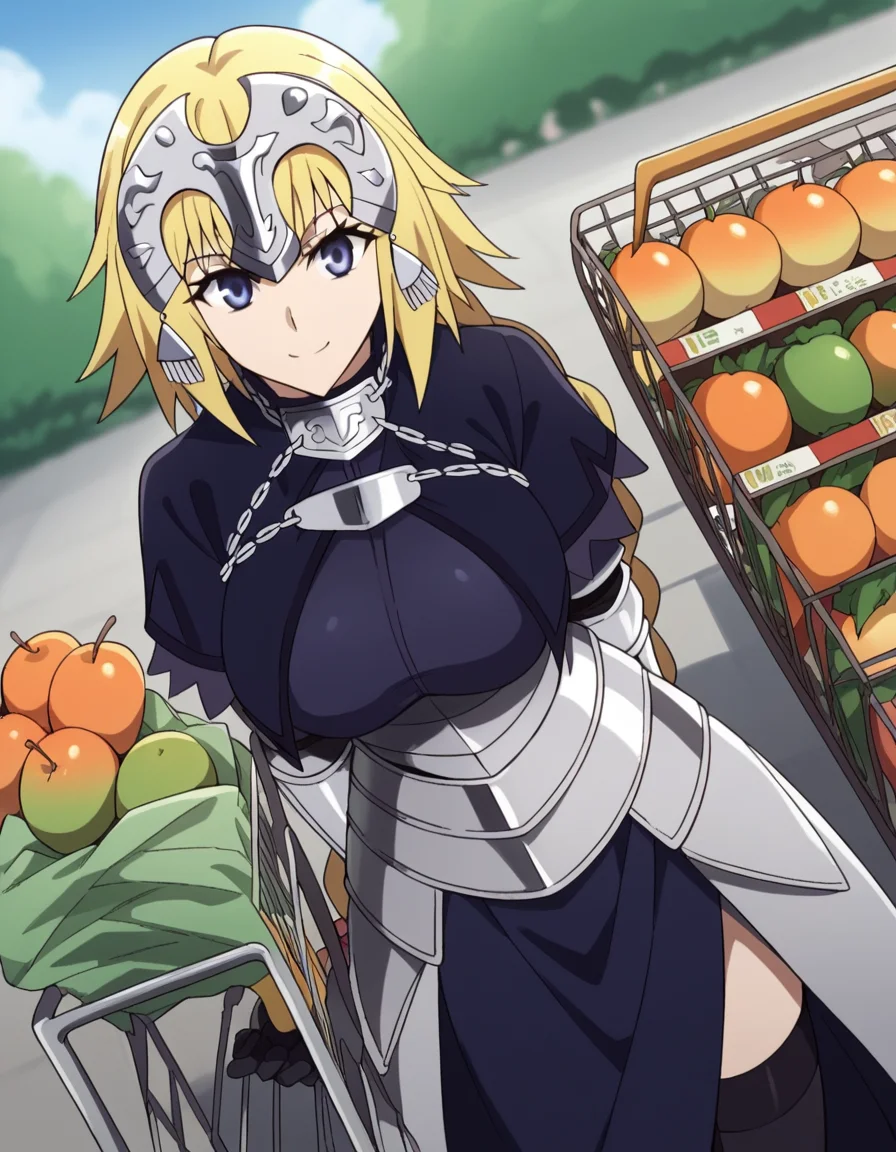 score_9, score_8_up, score_7_up, source_anime, <lora:jeanne-d-arc-apocrypha-s1-ponyxl-lora-nochekaiser:1>, jeanne d arc, blonde hair, blue eyes, long hair, large breasts,, armor, armored boots, armored dress, black gloves, black thighhighs, braid, dress, gauntlets, gloves, headpiece, blue dress, single braid, thighhighs,, grocery store, shopping cart, picking fruits, everyday life, , smile, hands behind back, bent over,, looking at viewer, solo,, dutch angle, cowboy shot