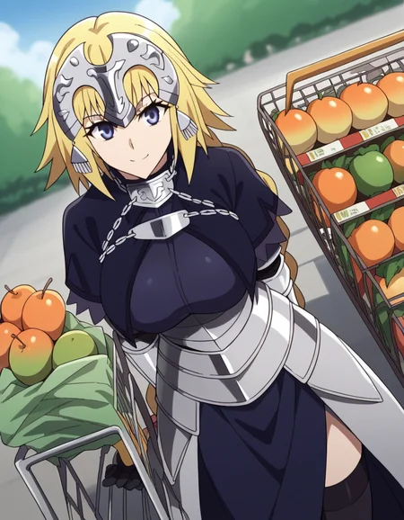 score_9, score_8_up, score_7_up, source_anime, <lora:jeanne-d-arc-apocrypha-s1-ponyxl-lora-nochekaiser:1>, jeanne d arc, blonde hair, blue eyes, long hair, large breasts,, armor, armored boots, armored dress, black gloves, black thighhighs, braid, dress, gauntlets, gloves, headpiece, blue dress, single braid, thighhighs,, grocery store, shopping cart, picking fruits, everyday life, , smile, hands behind back, bent over,, looking at viewer, solo,, dutch angle, cowboy shot