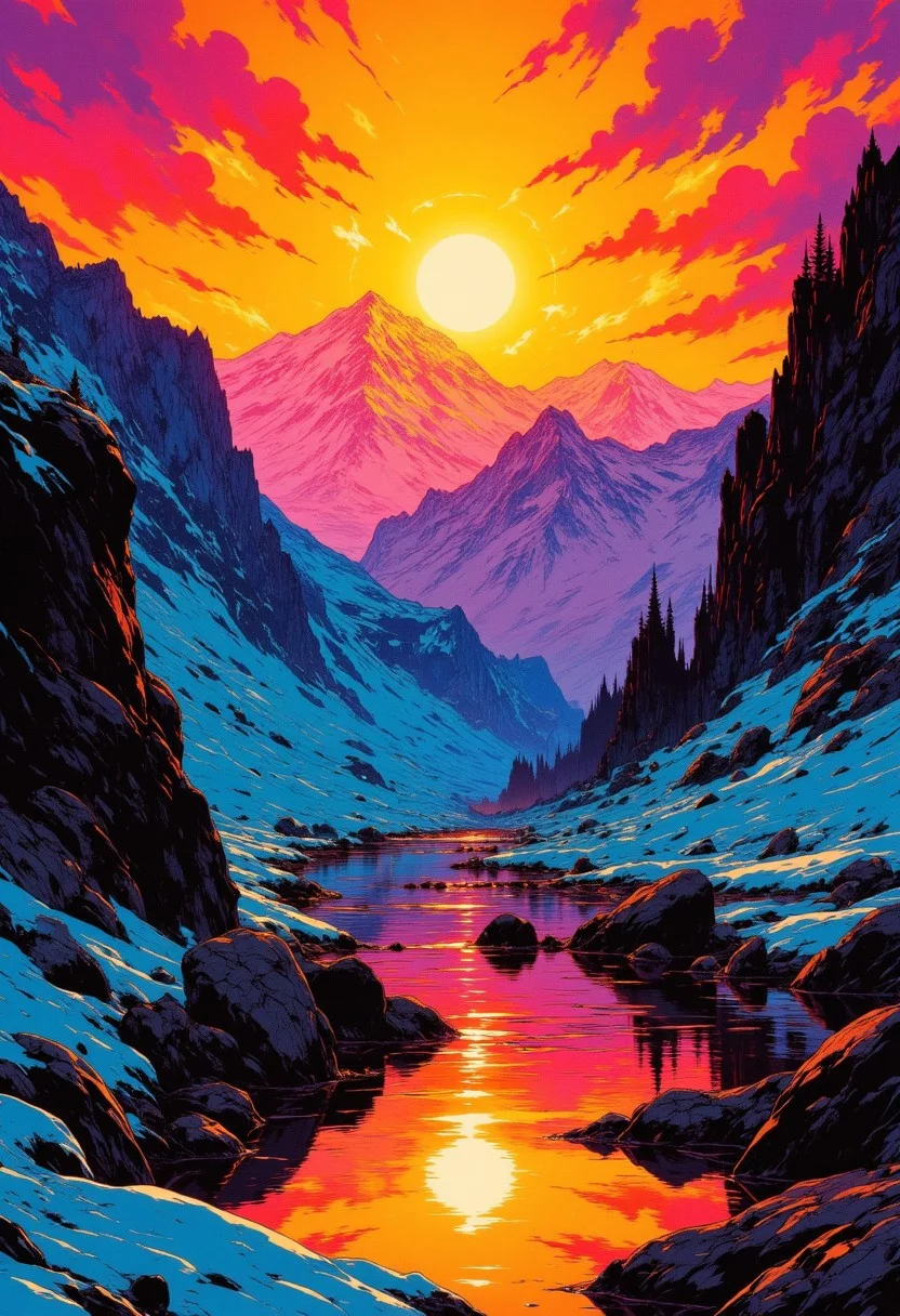 abstract graphic illustration,rainbow colors,of a mountain landscape with a brilliant sunset. CAICO