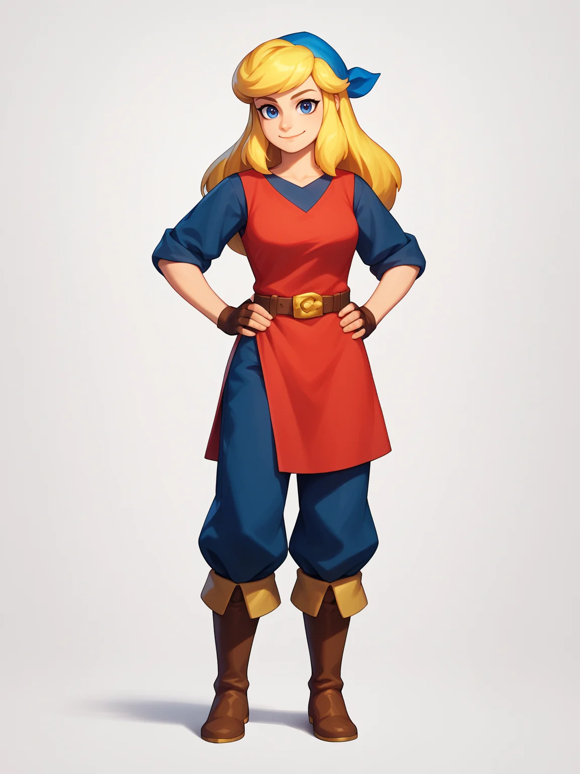 score_9, score_8_up, score_7_up, BREAK,
1girl, cadence, blue eyes, blonde hair, long hair,
blue bandana, red tunic, fingerless gloves, brown boots, belt, blue pants,
standing, hands on hips,
smile, looking at viewer, solo, simple background, white background <lora:CadencePDXL_byKonan:1>