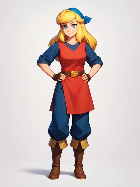 score_9, score_8_up, score_7_up, BREAK,
1girl, cadence, blue eyes, blonde hair, long hair,
blue bandana, red tunic, fingerless gloves, brown boots, belt, blue pants,
standing, hands on hips,
smile, looking at viewer, solo, simple background, white background <lora:CadencePDXL_byKonan:1>