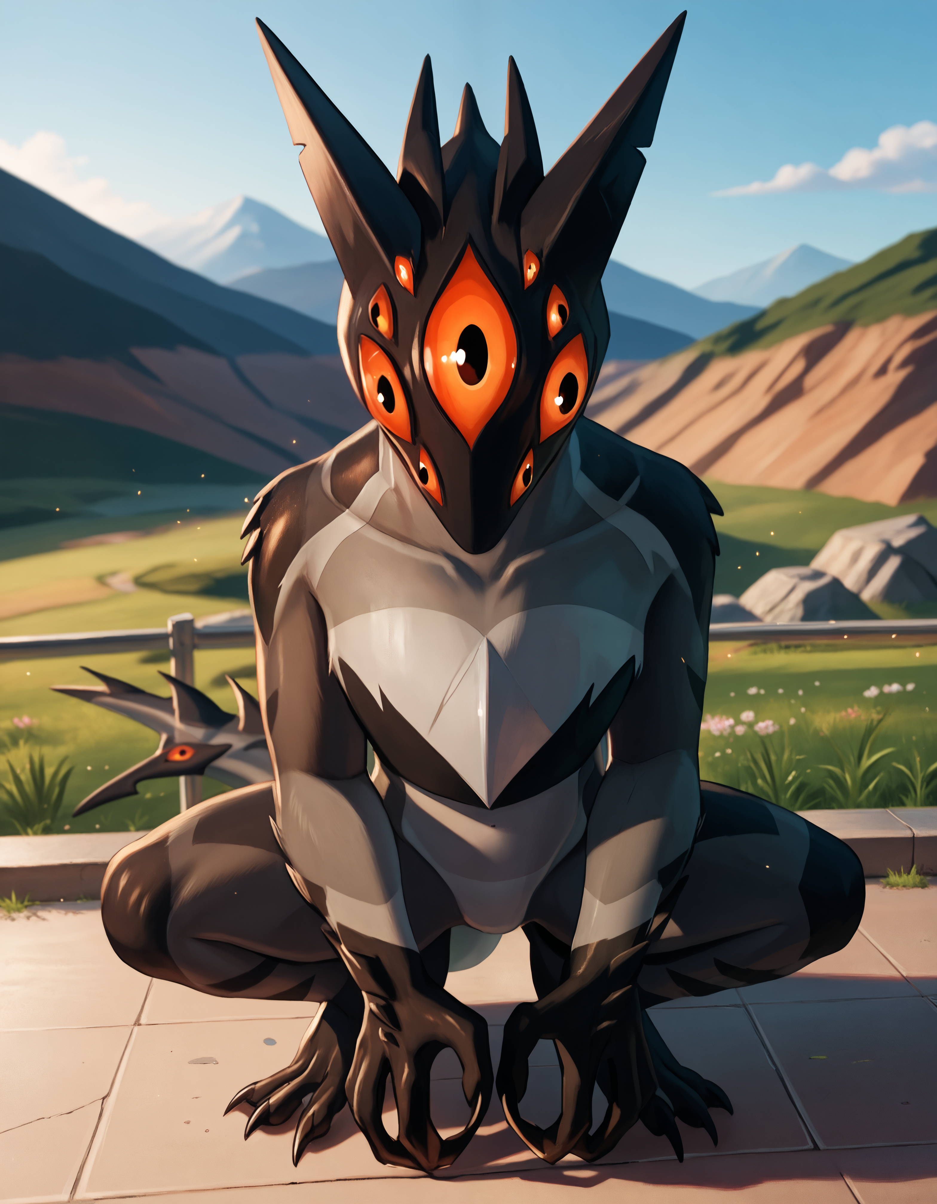 score_9, score_8_up, score_7_up BREAK rating_safe, source_furry, detailed, depth of field, detailed background, cinematic lighting, particles, decals, masterpiece, (best quality, high quality, 8K:1.5), <lora:sinfully_stylish_SDXL.safetensors:0.95>,  embedding:zPDXL3, anthro, <lora:add-detail-xl.safetensors:2.5>, <lora:Jerry_Creatures_Of_Sonaria.safetensors:0.95>, j3rry_cos, anthro, furry, 1boy, extra eyes, no humans, solo, claws, red eyes, smile, cute, looking at viewer, tail, two-tone body, black body, grey body, landscape background, solo,  (close up, from above, squatting, open mouth:1.15)