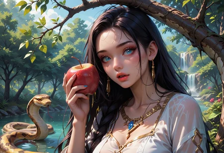 score_9, score_8_up, score_7_up, score_6_up, score_5_up, dynamic camera angle, 1girl, scene of a girl watching a snake, BREAK, 1girl, beautiful 24 years, very long dark hair, medium breasts, dazzling blue eyes, white tunic, holding apple, mouth open, about to bite apple, standing under a lush fruit tree, looking at snake, BREAK, ((snake in frame, snake hanging from a tree branch, snake watching girl, snake's head dangling next to girl)), BREAK,
foreboding, high definition, best quality, ultra detailed, 8k