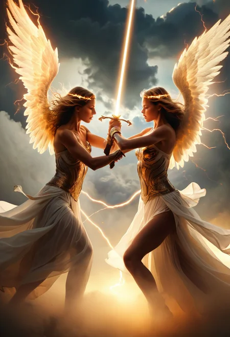 Duel, 2girls, angel girls, mud, clouds, lightning, detailed faces , fierce fight in a duel,
In the celestial realm, amidst clouds of ethereal light, two angels engage in a battle of cosmic proportions. Their wings, vast and majestic, unfurl with divine grace as they circle each other in a dance of combat. One radiates golden light, emanating an aura of righteousness and justice, while the other exudes an ominous darkness, cloaked in shadows born of rebellion.
Their swords clash with a thunderous resonance, each strike sending shockwaves through the celestial plane. Light and darkness intertwine, casting a mesmerizing display of colors across the heavens. The clash of their powers creates whirlwinds of energy, twisting and contorting the fabric of reality.
As the battle rages on, the angels exchange fierce blows, their determination unyielding. Each strike is imbued with the weight of eons, a testament to the ancient enmity that fuels their conflict. Sparks fly as their swords meet once more, a symphony of celestial fury echoing through the cosmos.
graphic style of novel comics, perfect hands, 2d,
8k, hyperrealism, masterpiece, high resolution, best quality, ultra-detailed, super realistic, Hyperrealistic art, high-quality, ultra high res, highest detailed, lot of details, Extremely high-resolution details, incredibly lifelike,