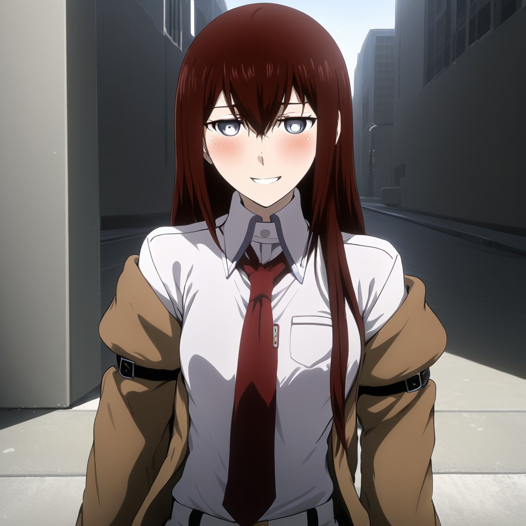 A naughty image of Makise Kurisu leaning forward at the viewer , white shirt , red necktie , arm-up , jacket , naughty blush on face , smiling , anime style