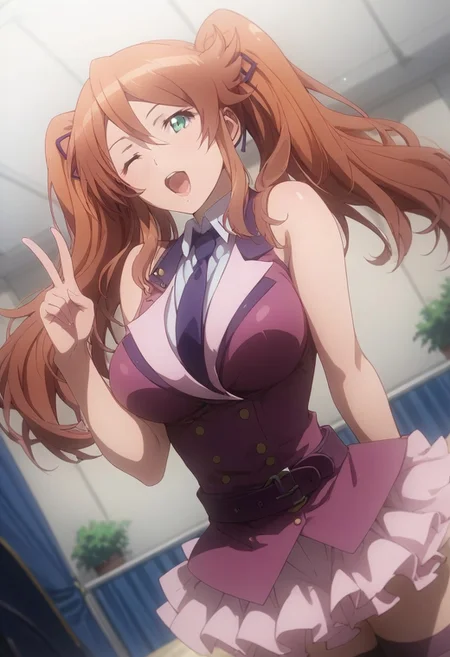 score_9,score_8_up,score_7_up, Expressiveh ,perfecteyes, shiny skin, perfect composition,
aya_sugihara, 1girl, twintails, long hair, brown hair, green eyes, blue eyes, breasts,
necktie, sleeveless, pink waistcoat, white collared_shirt, ribbon,
skirt, thighhighs, belt, bound wrists, zettai ryouiki, idol,
Dancing, on stage, idol pose, cowboy shot, dutch angle, upper body, wink, open mouth, v ,