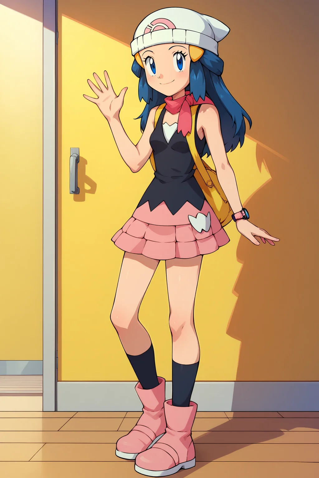 score_9, score_8_up, score_7_up, score_6_up, BREAK, DawnPXL, blue eyes, blue hair, long hair, ornament hair, white beanie, small breasts, pink scarf, yellow bag, sleeveless, black shirt, pink skirt, black socks, pink boots, solo, full body, standing, waving, seductive smile, looking at viewer, indoors <lora:DawnPXL:1>