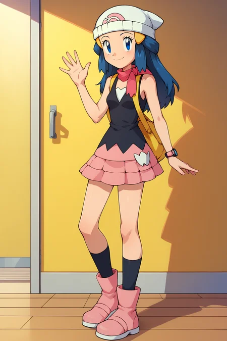 score_9, score_8_up, score_7_up, score_6_up, BREAK, DawnPXL, blue eyes, blue hair, long hair, ornament hair, white beanie, small breasts, pink scarf, yellow bag, sleeveless, black shirt, pink skirt, black socks, pink boots, solo, full body, standing, waving, seductive smile, looking at viewer, indoors <lora:DawnPXL:1>