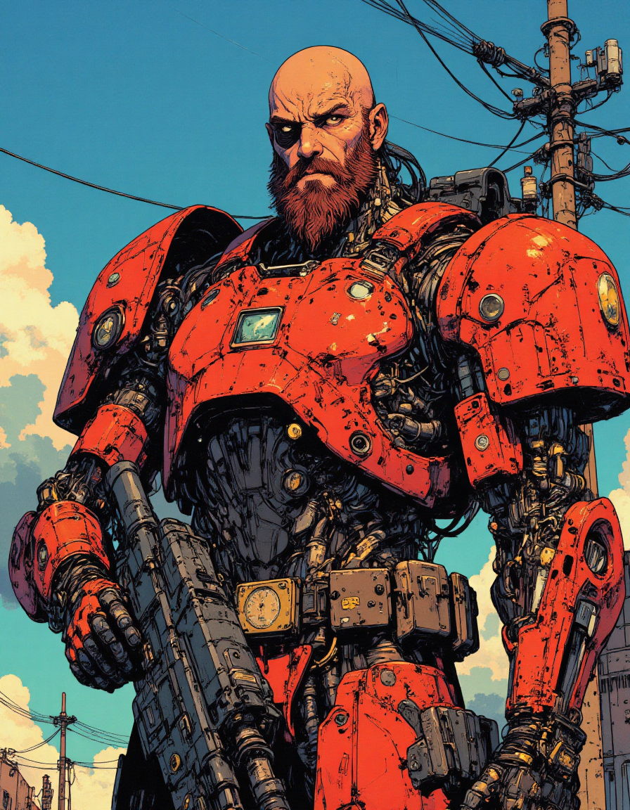 A rugged cyberpunk warrior with a bald head, thick beard, and an eyepatch, equipped with massive red cybernetic armor. His mechanical arms are detailed with wires, gears, and pistons, showcasing a blend of human and machine. He holds a futuristic firearm while standing against a bright blue sky with industrial cables in the background. Comic book illustration style, highly detailed, vibrant colors, gritty texture
