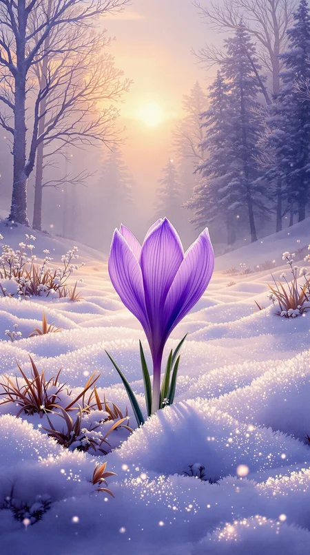Picture a delicate purple crocus flower pushing through a blanket of glistening snow in a serene open field. The scene is illuminated by the soft glow of twilight, with light cascading in hues of gold and lavender. In the distance, a mystical forest stands shrouded in gentle mist, its towering trees adorned with a faint shimmer of frost. The composition, rendered as a detailed oil painting, captures the quiet magic of natures resilience and the promise of spring. 16K